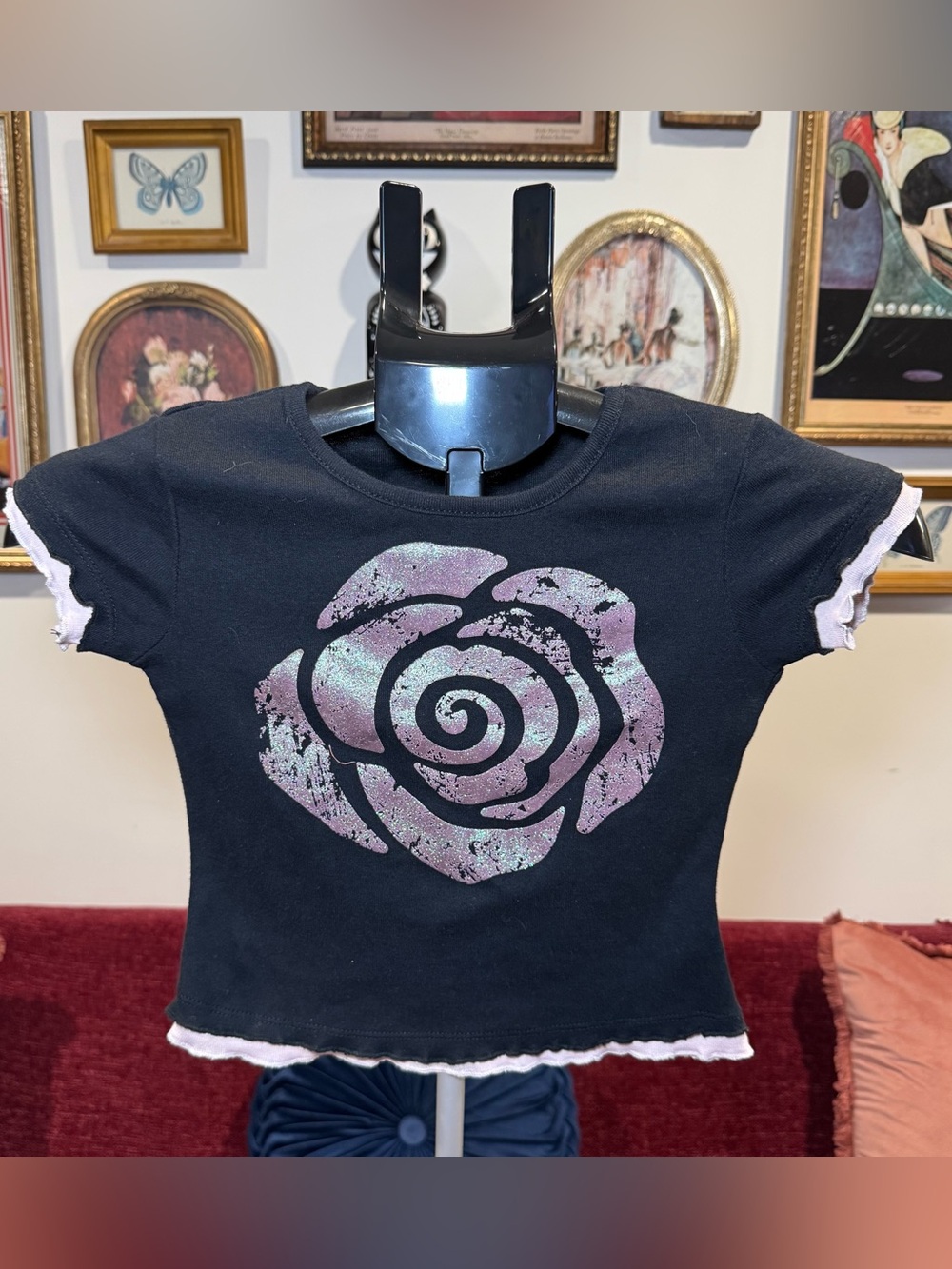 Black Baby Tee with Iridescent Rose Graphic